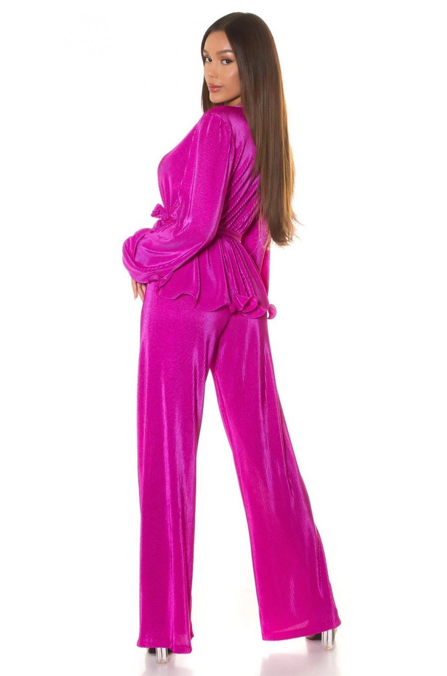 Tinuta din doua piese, roz, pantaloni evazati si bluza petrecuta, Milestiba 2 - jojofashion.ro