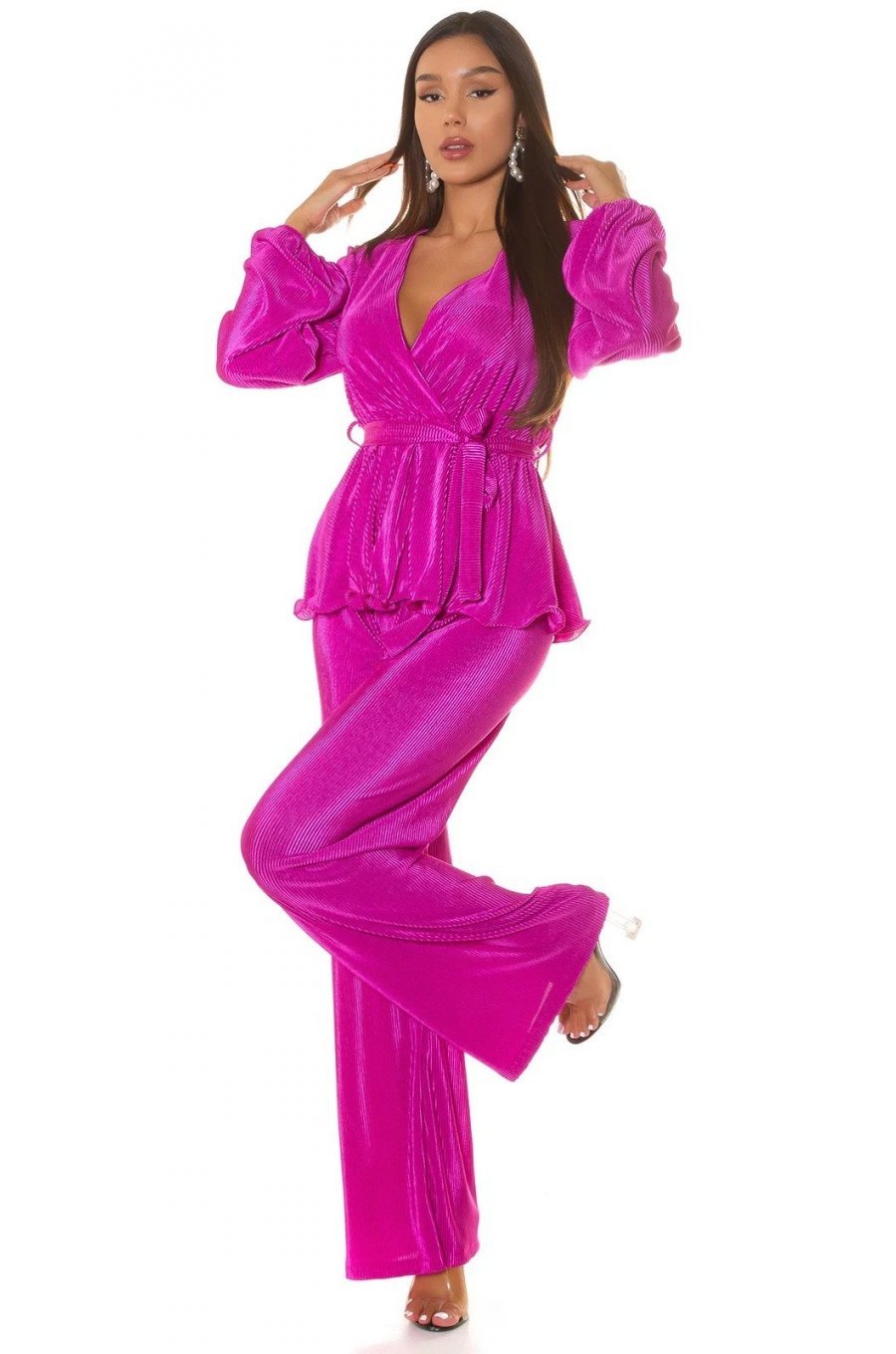 Tinuta din doua piese, roz, pantaloni evazati si bluza petrecuta, Milestiba 3 - jojofashion.ro