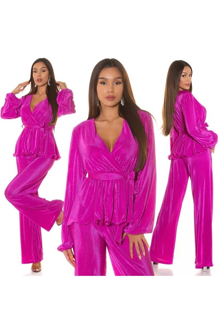 Tinuta din doua piese, roz, pantaloni evazati si bluza petrecuta, Milestiba 4 - jojofashion.ro