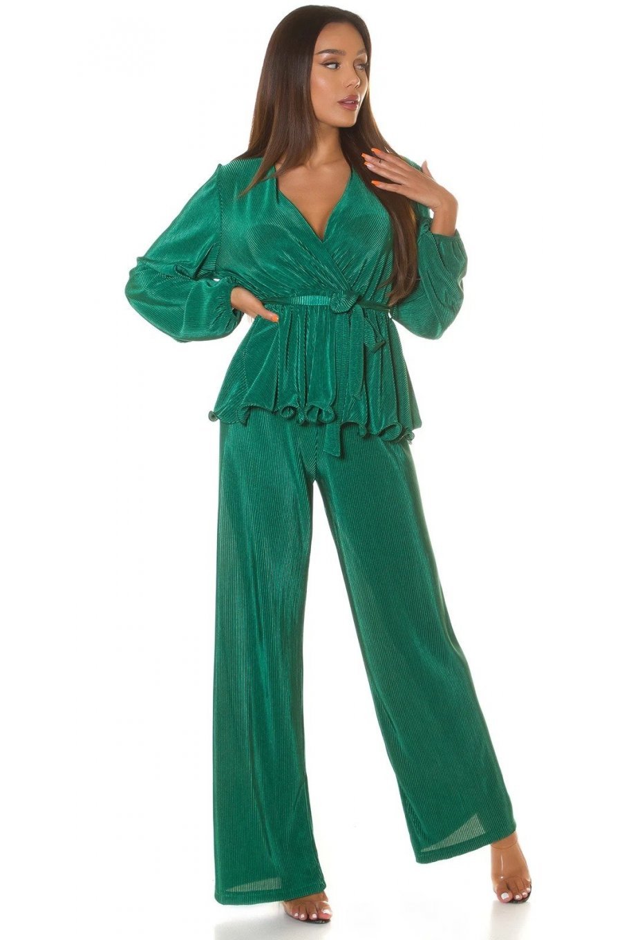 Tinuta din doua piese, verde, pantaloni evazati si bluza petrecuta, Milestiba 1 - jojofashion.ro