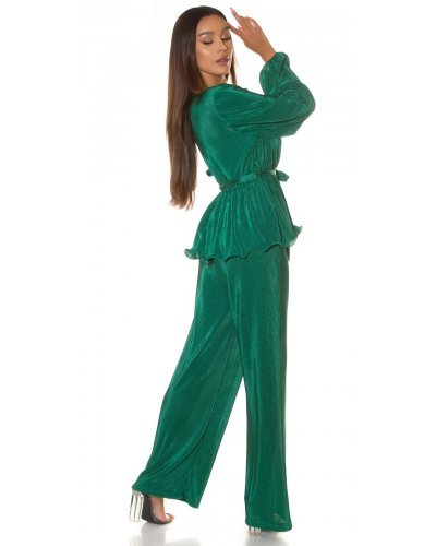 Pantaloni dama, Set pantaloni evazati si bluza petrecuta verde Milestiba - jojofashion.ro