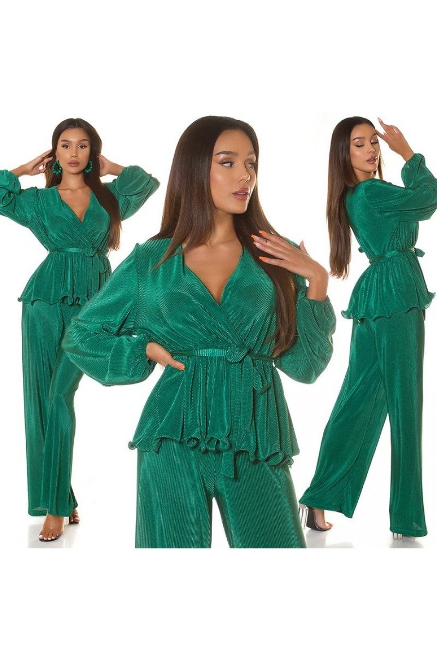 Tinuta din doua piese, verde, pantaloni evazati si bluza petrecuta, Milestiba 4 - jojofashion.ro