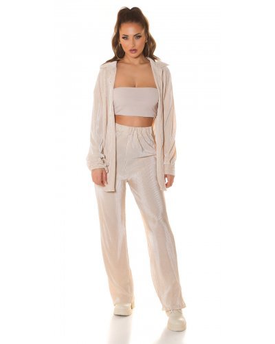 Set pantaloni evazati si camasa, oversize, bej, Reyhan - jojofashion.ro