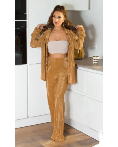 Set pantaloni evazati si camasa, oversize, cappuccino, Reyhan - jojofashion.ro