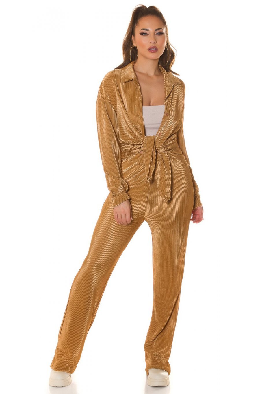 Set pantaloni evazati si camasa, oversize, cappuccino, Reyhan Set pantaloni evazati si camasa, oversize, cappuccino, Reyhan 3 - jojofashion.ro
