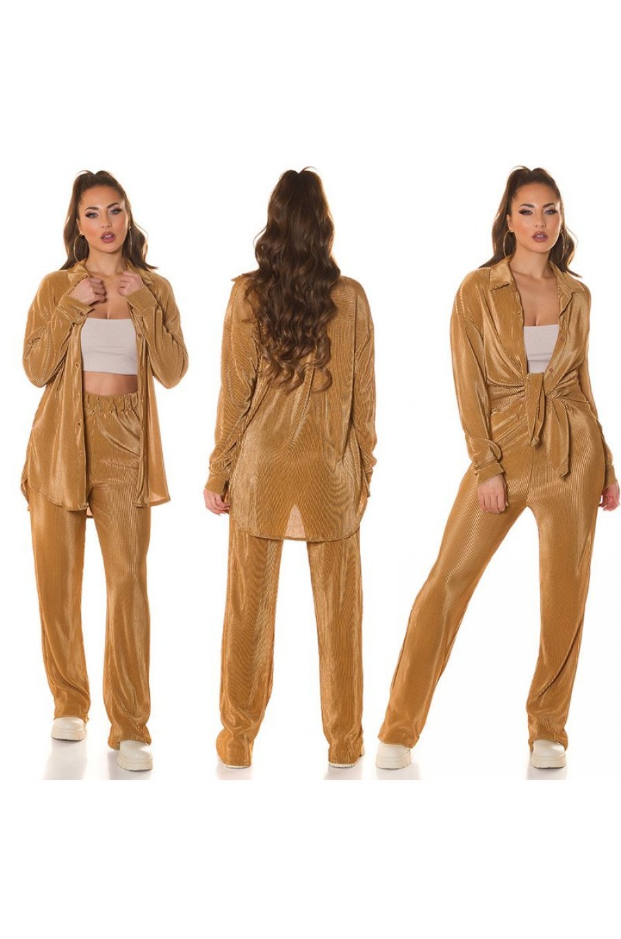 Set pantaloni evazati si camasa, oversize, cappuccino, Reyhan Set pantaloni evazati si camasa, oversize, cappuccino, Reyhan 7 - jojofashion.ro