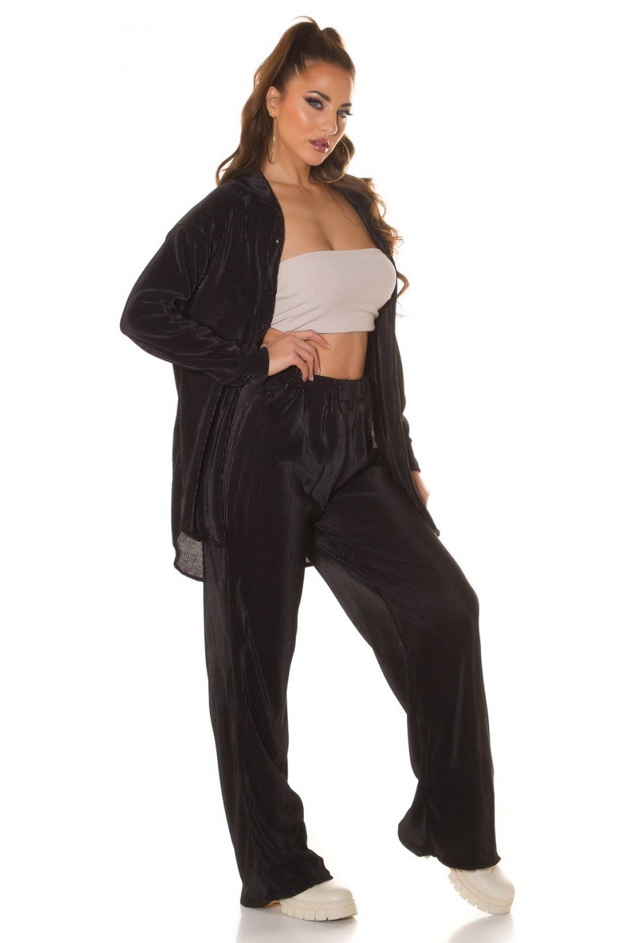 Set pantaloni evazati si camasa, oversize, negru, Reyhan Set pantaloni evazati si camasa, oversize, negru, Reyhan 5 - jojofashion.ro