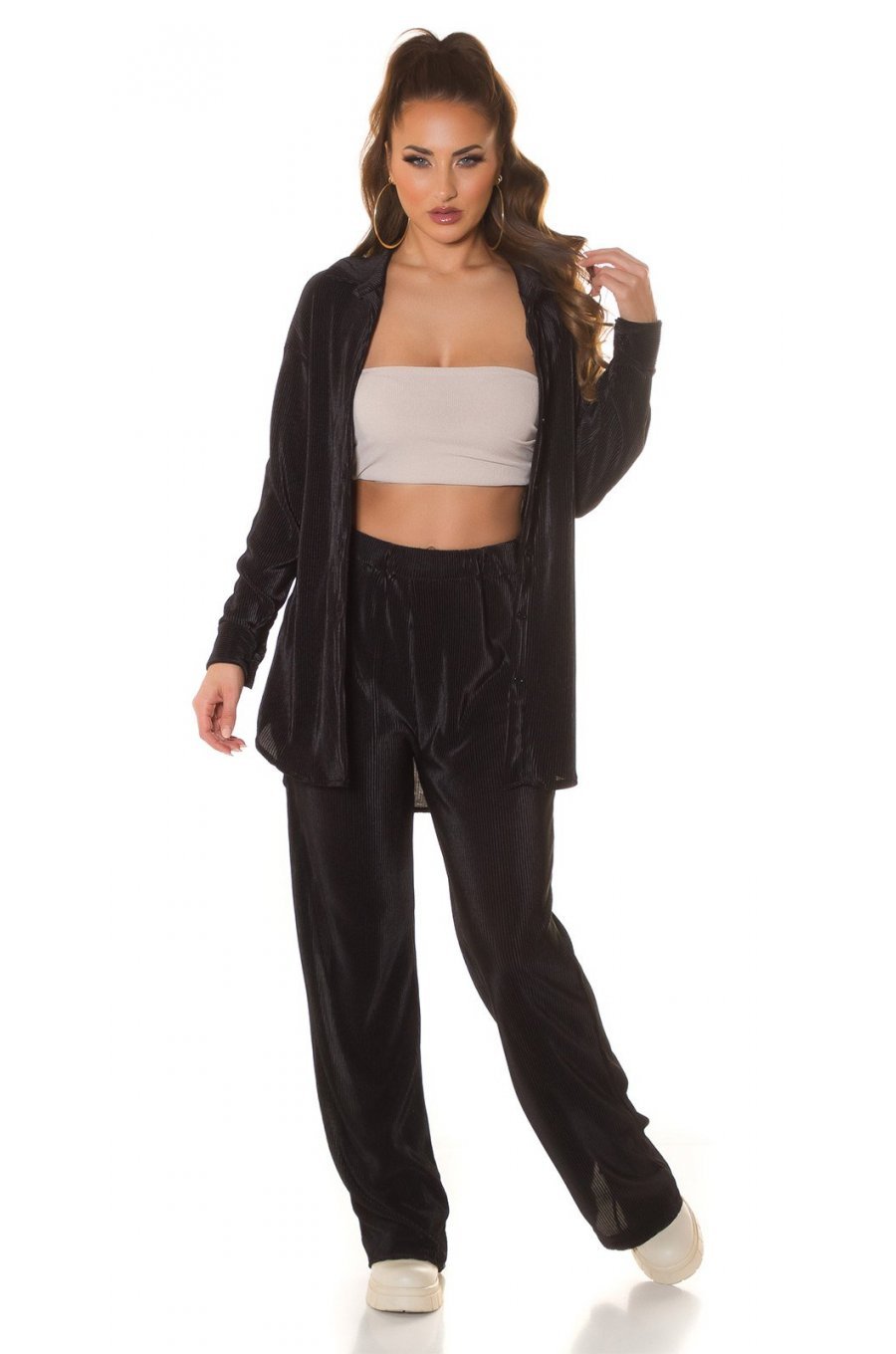 Set pantaloni evazati si camasa, oversize, negru, Reyhan Set pantaloni evazati si camasa, oversize, negru, Reyhan 6 - jojofashion.ro