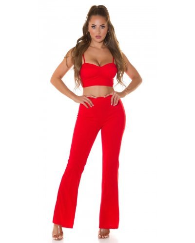 Set pantaloni evazati si top rosu Kosette - jojofashion.ro