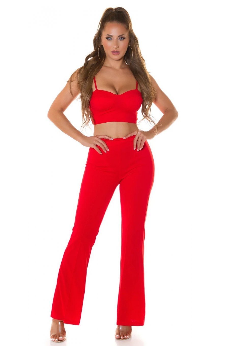 Set pantaloni evazati si top rosu Kosette Set pantaloni evazati si top rosu Kosette 1 - jojofashion.ro