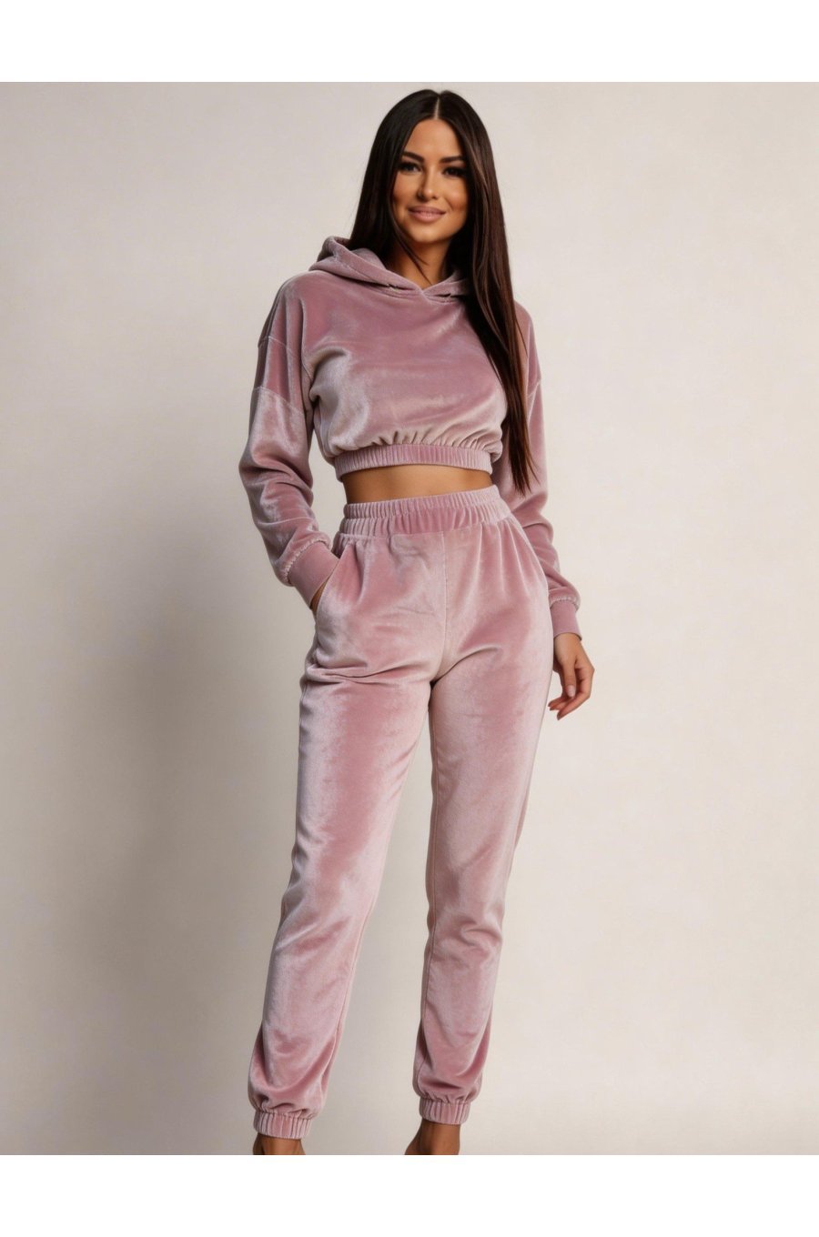 Trening dama, crop top, catifea, roz pudra Gyssa 1 - jojofashion.ro