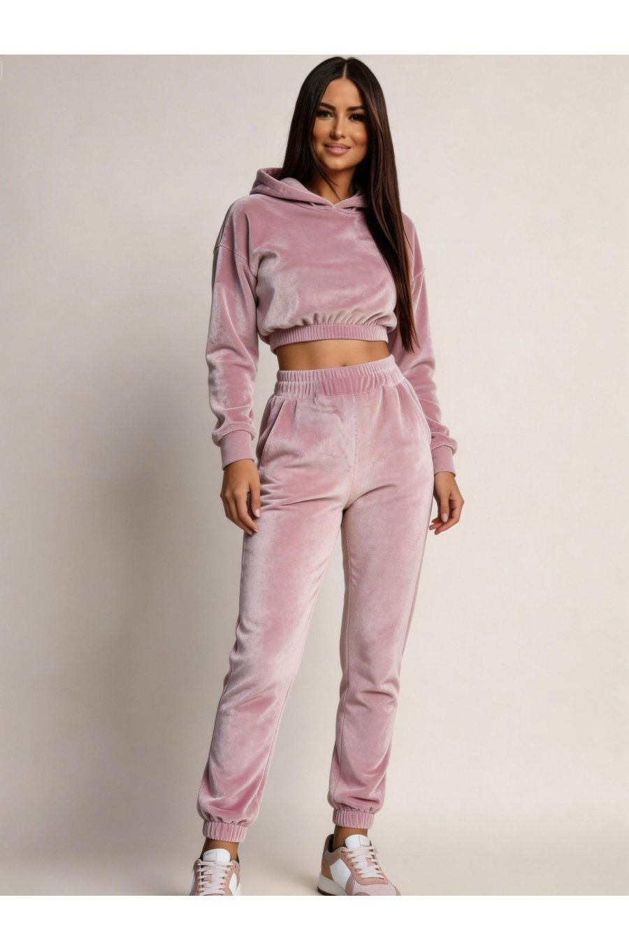 Trening dama, crop top, catifea, roz pudra Gyssa 2 - jojofashion.ro