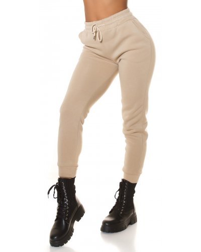 Pantaloni trening dama, Pantaloni dama sport bej, din bumbac, cu talia inalta, Itana - jojofashion.ro