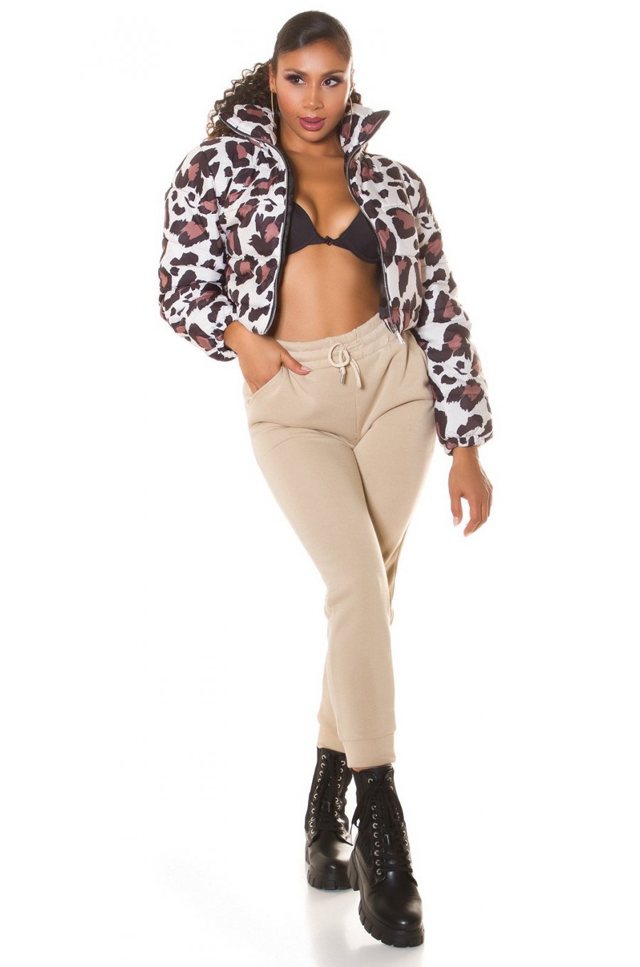 Pantaloni dama sport bej, din bumbac, cu talia inalta, Itana 3 - jojofashion.ro
