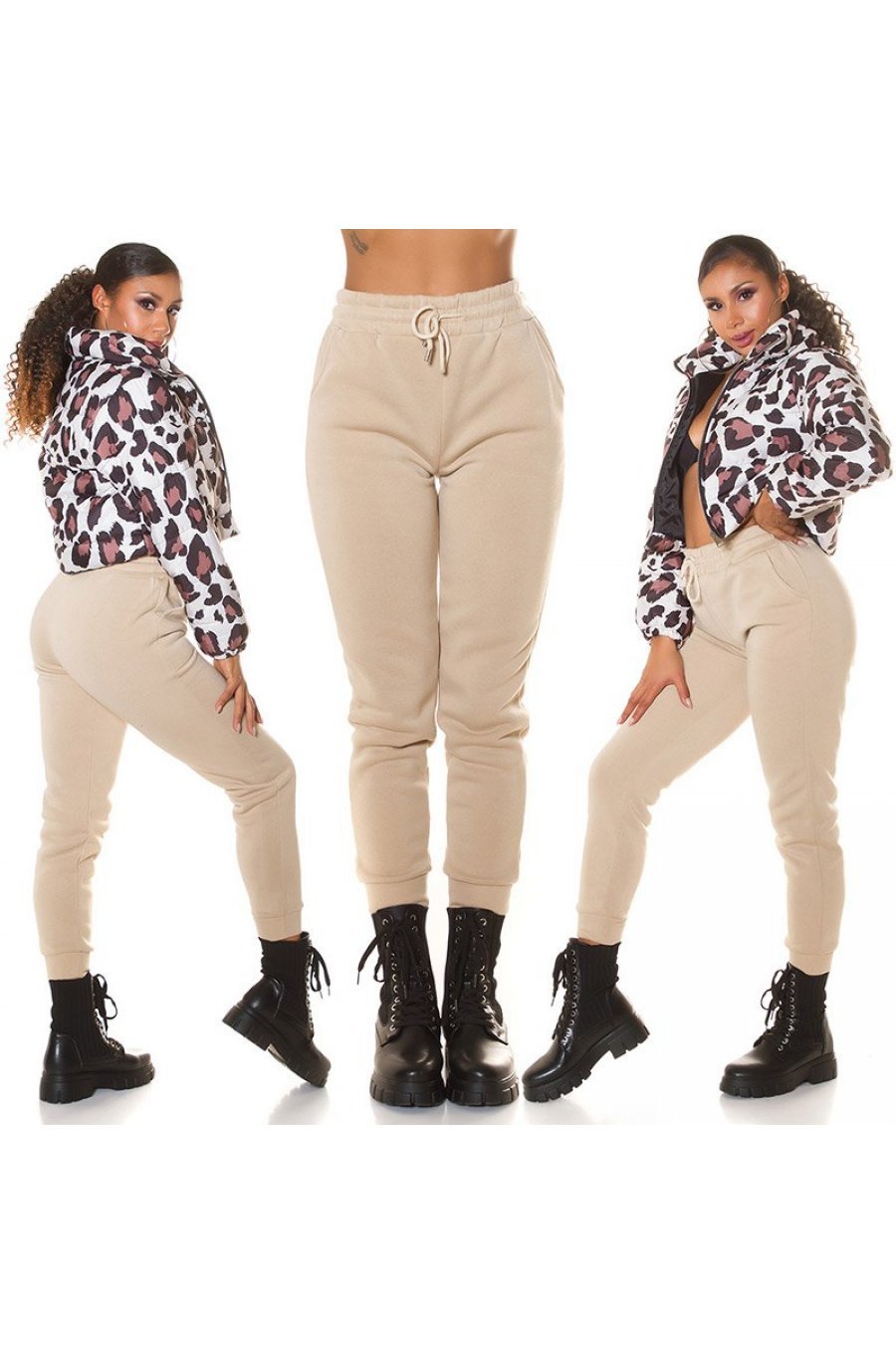 Pantaloni dama sport bej, din bumbac, cu talia inalta, Itana 7 - jojofashion.ro