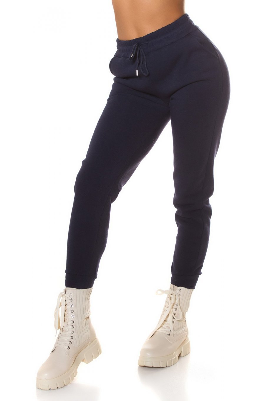Pantaloni dama sport bleumarin, din bumbac, cu talia inalta, Itana 1 - jojofashion.ro