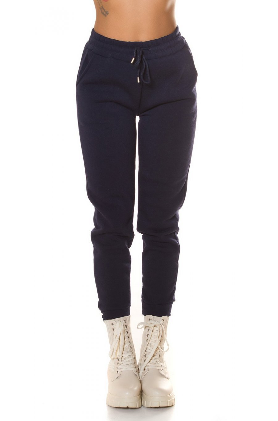 Pantaloni dama sport bleumarin, din bumbac, cu talia inalta, Itana 3 - jojofashion.ro