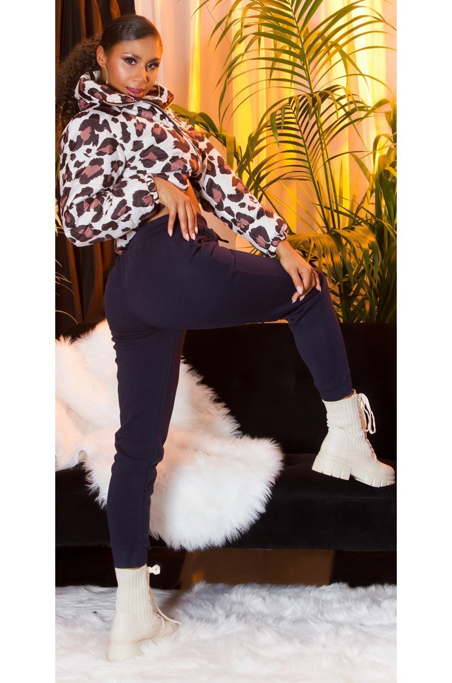 Pantaloni dama sport bleumarin, din bumbac, cu talia inalta, Itana 5 - jojofashion.ro