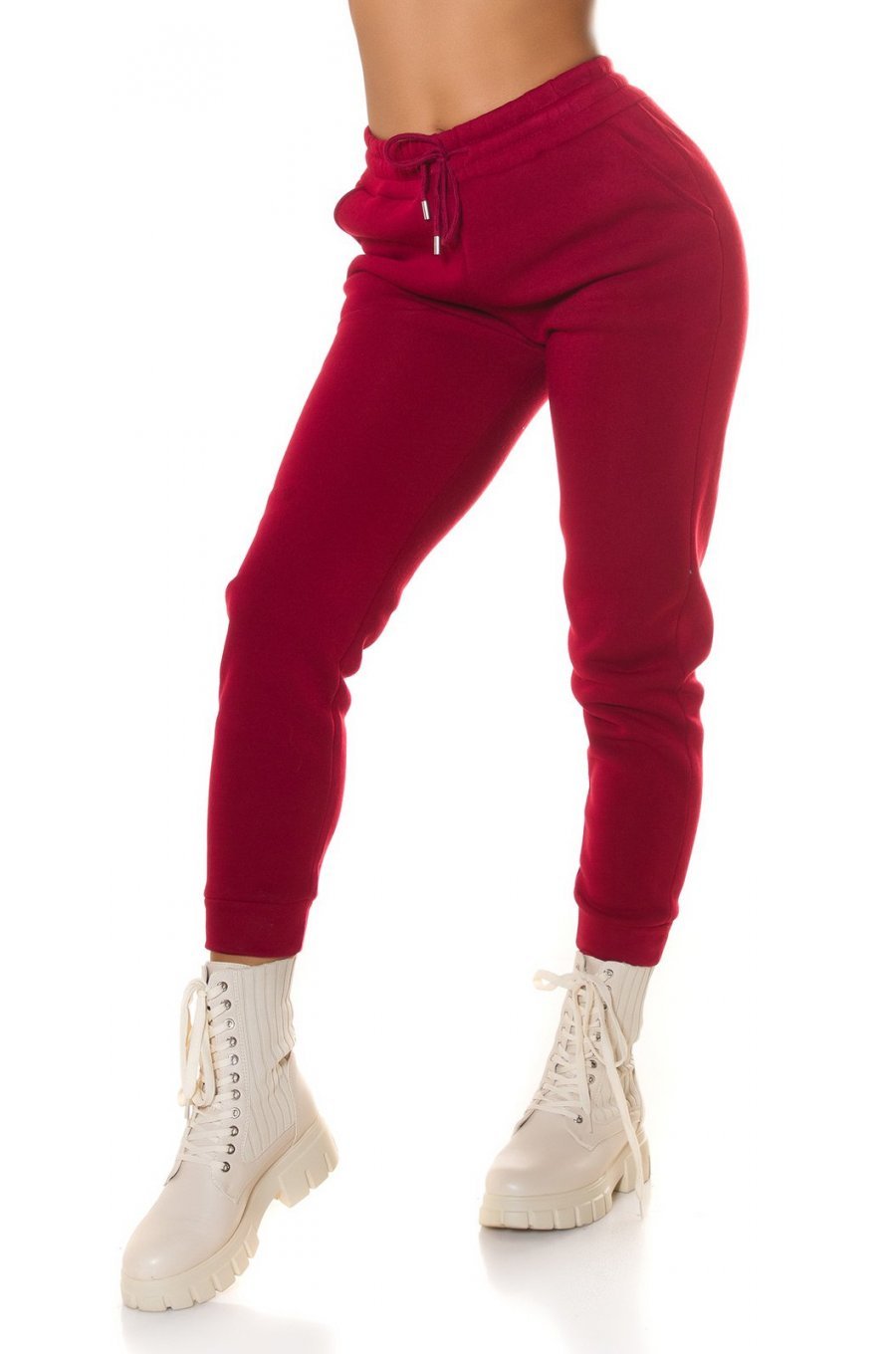 Pantaloni dama sport burgundy, din bumbac, cu talia inalta, Itana 1 - jojofashion.ro
