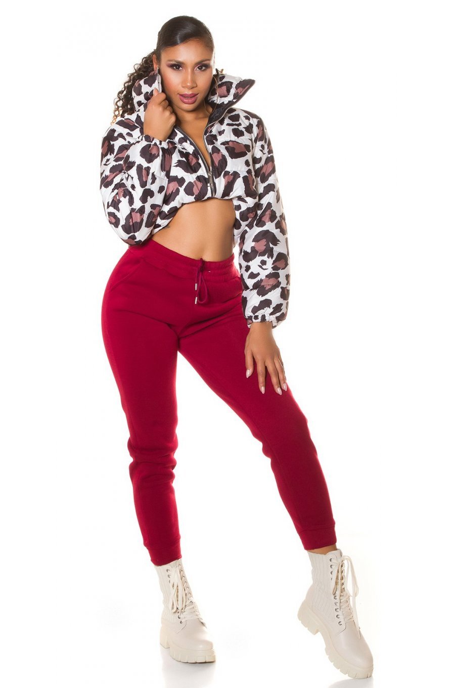 Pantaloni dama sport burgundy, din bumbac, cu talia inalta, Itana 3 - jojofashion.ro
