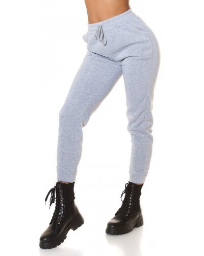 Pantaloni trening dama, Pantaloni dama sport gri, din bumbac, cu talia inalta, Itana - jojofashion.ro