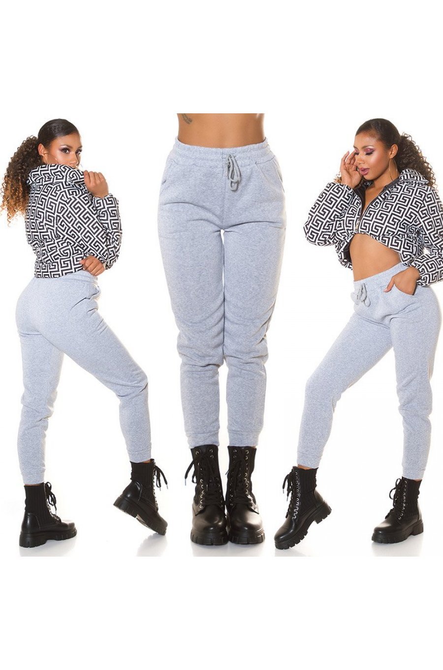 Pantaloni dama sport gri, din bumbac, cu talia inalta, Itana 7 - jojofashion.ro