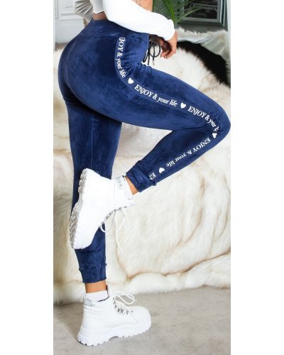 Pantaloni trening dama, Pantaloni dama trening, bleumarin navy, din catifea, cu dunga alba, Meribeth - jojofashion.ro