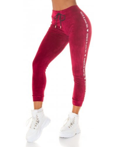 Pantaloni dama, Pantaloni dama trening, burgundy, din catifea, cu dunga alba, Meribeth - jojofashion.ro