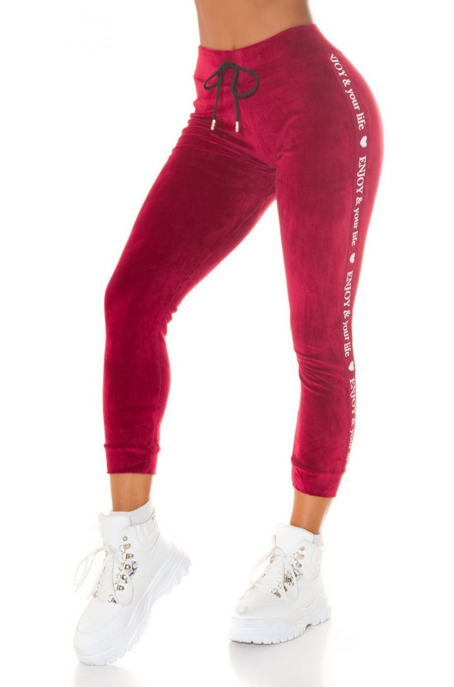 Pantaloni dama trening, burgundy, din catifea, cu dunga alba, Meribeth 2 - jojofashion.ro