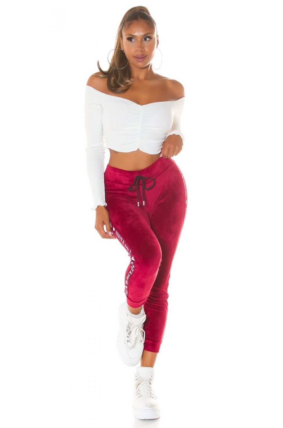 Pantaloni dama trening, burgundy, din catifea, cu dunga alba, Meribeth 6 - jojofashion.ro
