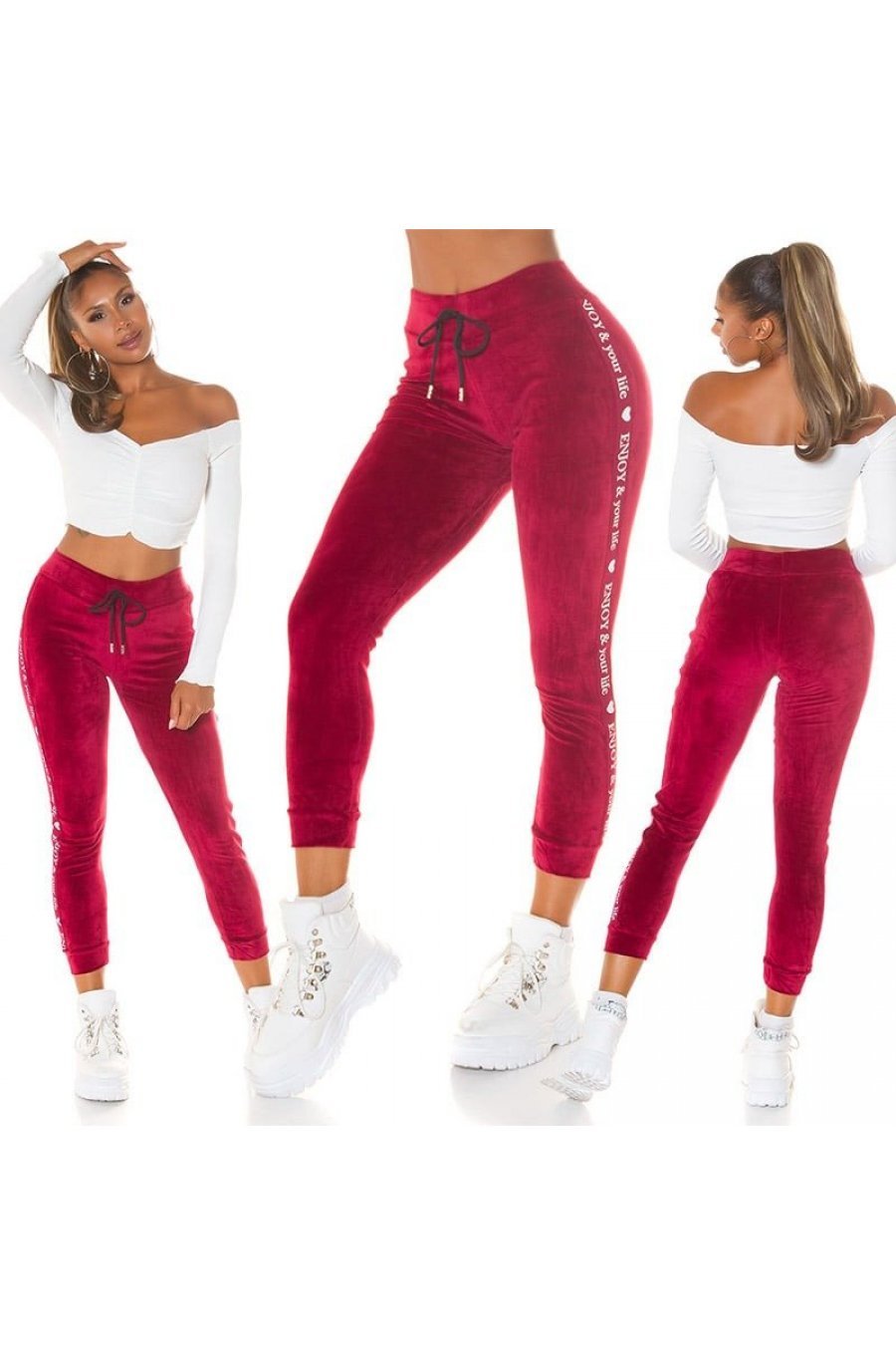 Pantaloni dama trening, burgundy, din catifea, cu dunga alba, Meribeth 8 - jojofashion.ro