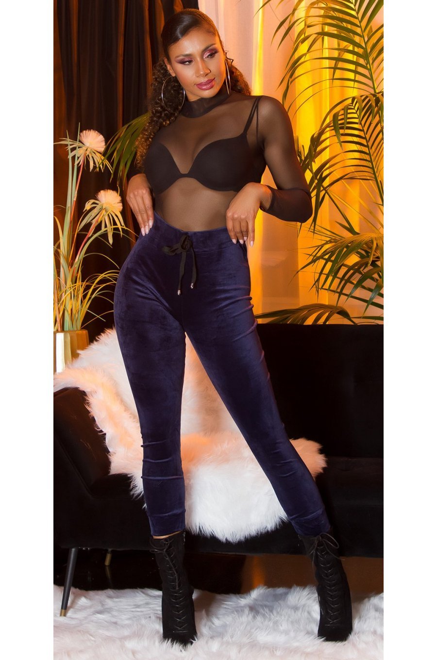 Pantaloni dama trening din catifea bleumarin, jogger, mulati, Violette 4 - jojofashion.ro