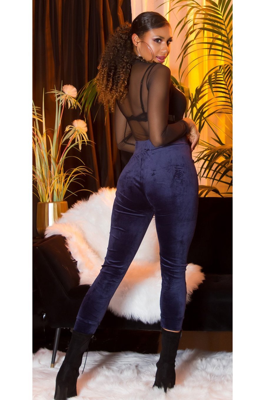 Pantaloni dama trening din catifea bleumarin, jogger, mulati, Violette 5 - jojofashion.ro