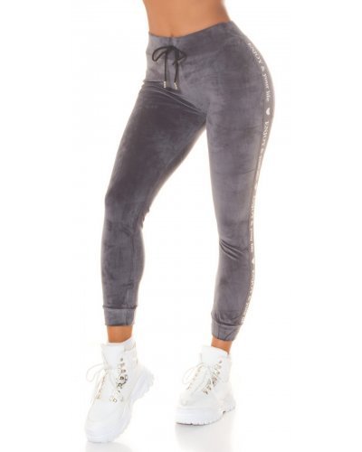 Pantaloni trening dama, Pantaloni dama trening, gri, din catifea, cu dunga alba, Meribeth - jojofashion.ro