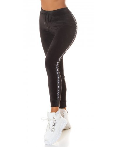 Pantaloni trening dama, Pantaloni dama trening, negri, din catifea, cu dunga alba, Meribeth - jojofashion.ro