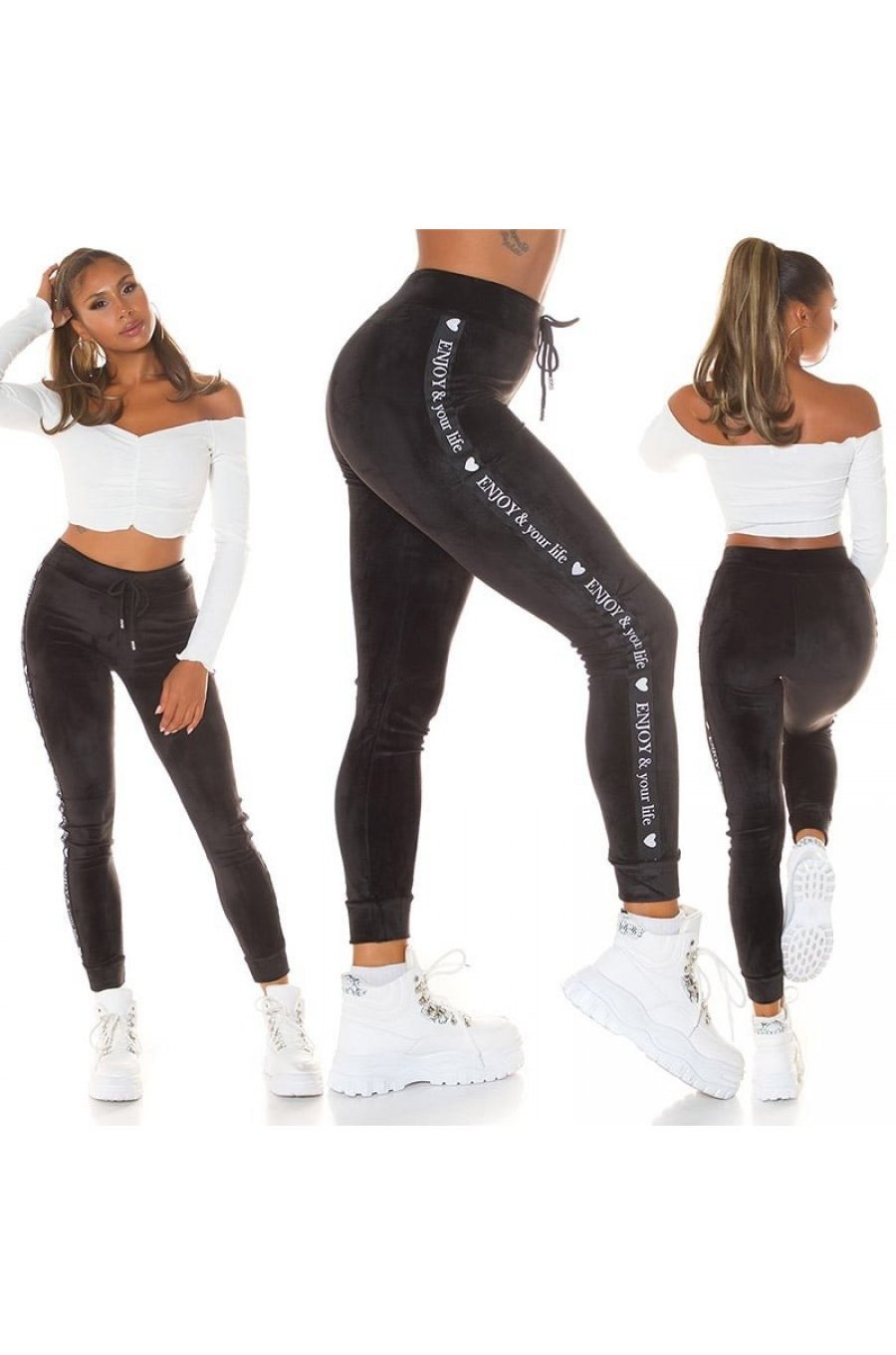 Pantaloni dama trening, negri, din catifea, cu dunga alba, Meribeth 8 - jojofashion.ro