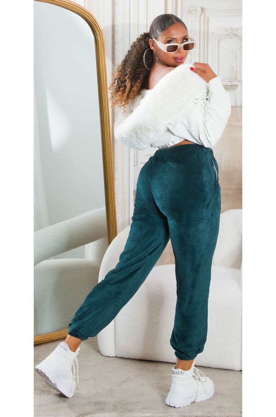 Pantaloni de trening dama, flausati, albastri petrol, jogger, Talya 4 - jojofashion.ro
