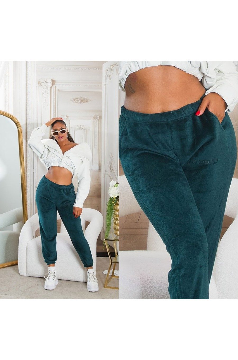 Pantaloni de trening dama, flausati, albastri petrol, jogger, Talya 5 - jojofashion.ro