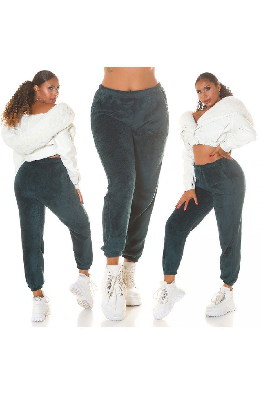Pantaloni de trening dama, flausati, albastri petrol, jogger, Talya 6 - jojofashion.ro