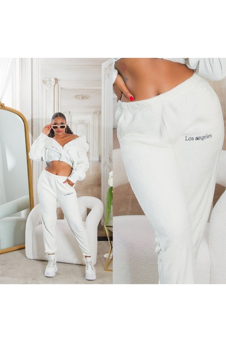 Pantaloni de trening dama, flausati, albi, jogger, Talya Pantaloni de trening dama, flausati, albi, jogger, Talya 5 - jojofashion.ro