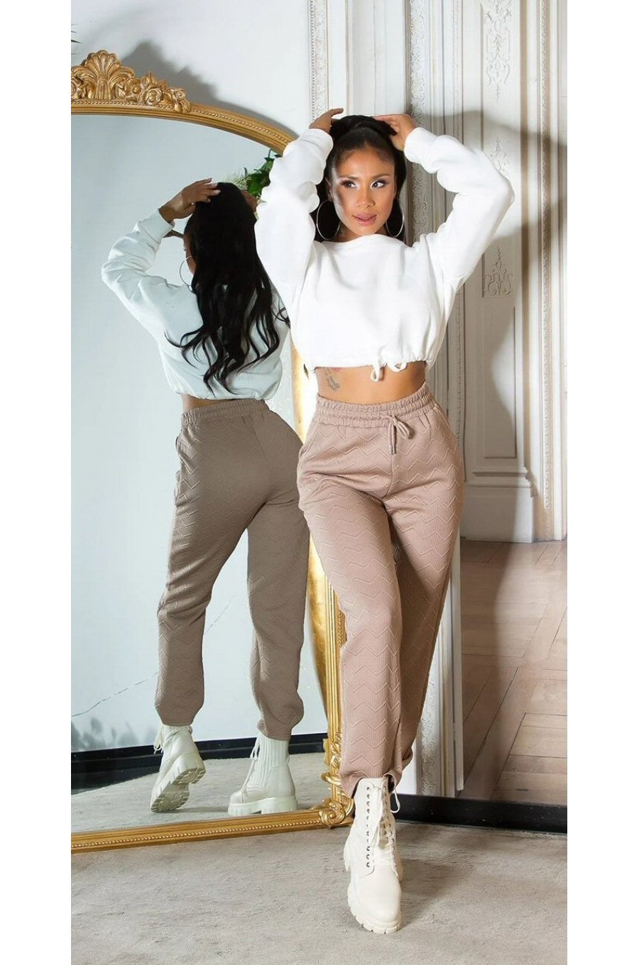 Pantaloni trening dama, casual, cappuccino, cu talia inalta, jogger, Sevinc 5 - jojofashion.ro