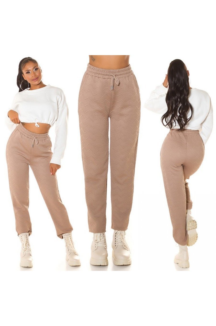 Pantaloni trening dama, casual, cappuccino, cu talia inalta, jogger, Sevinc 7 - jojofashion.ro