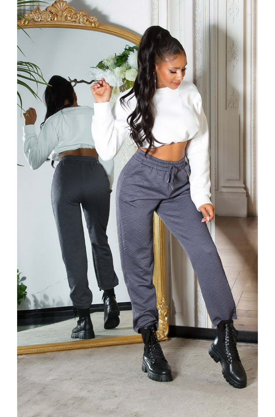 Pantaloni trening dama, casual, gri, cu talia inalta, jogger, Sevinc 3 - jojofashion.ro