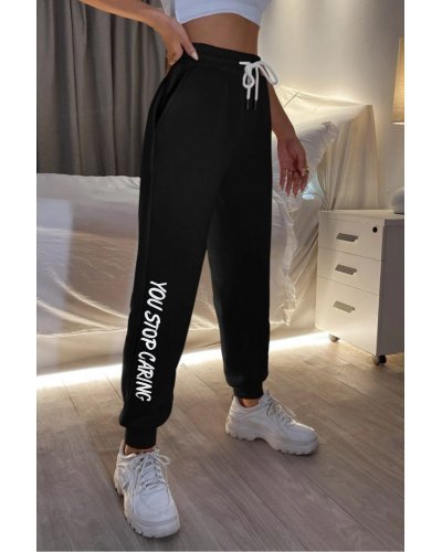 Pantaloni trening dama, Pantaloni trening dama, din bumbac, negri cu print alb, Varvara - jojofashion.ro