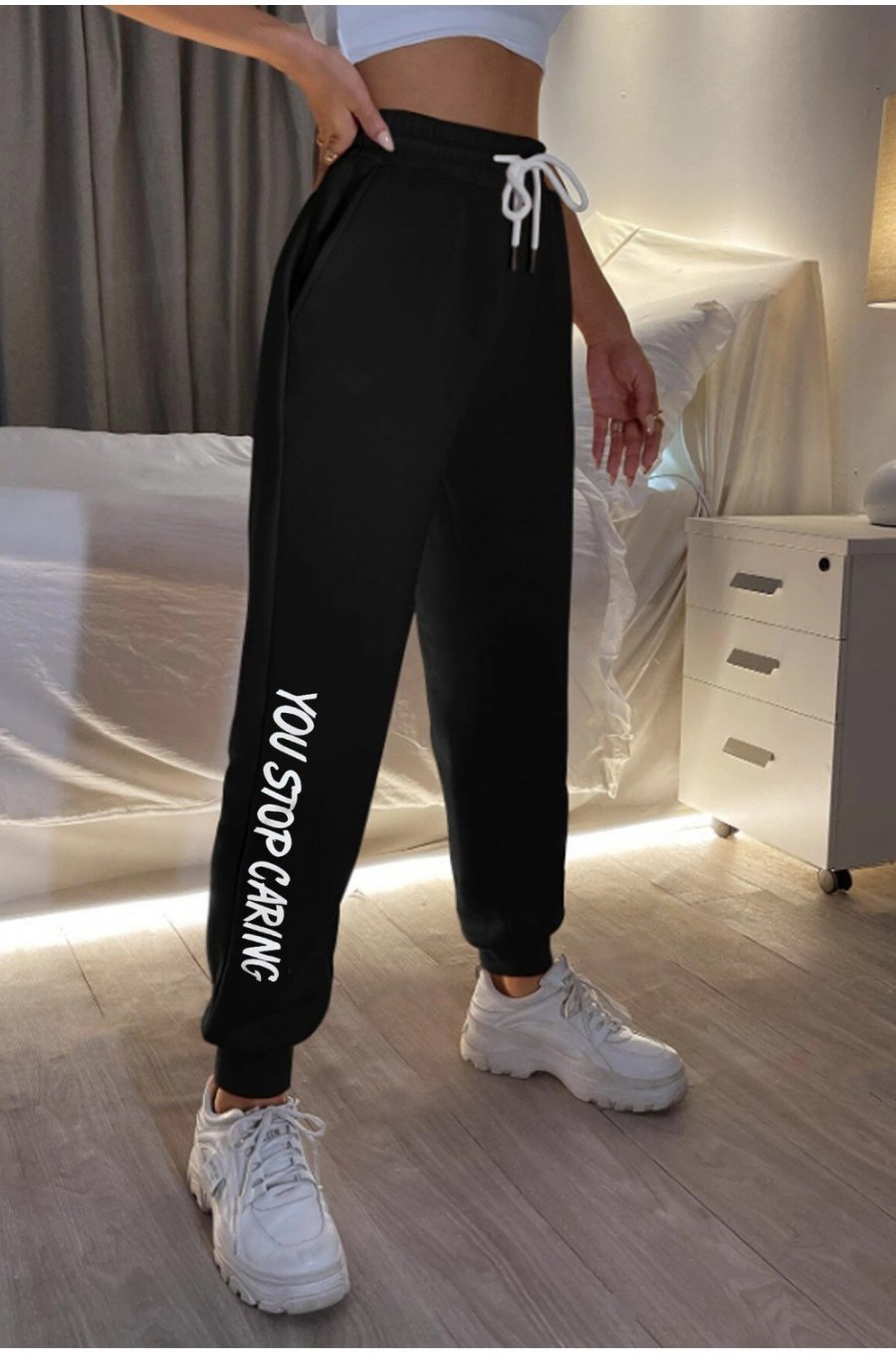 Pantaloni trening dama, din bumbac, negri cu print alb, Varvara 2 - jojofashion.ro