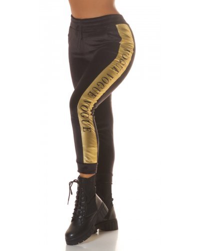 Pantaloni trening dama, Pantaloni trening dama termici, negri, din catifea, cu dunga aurie, Vogue - jojofashion.ro