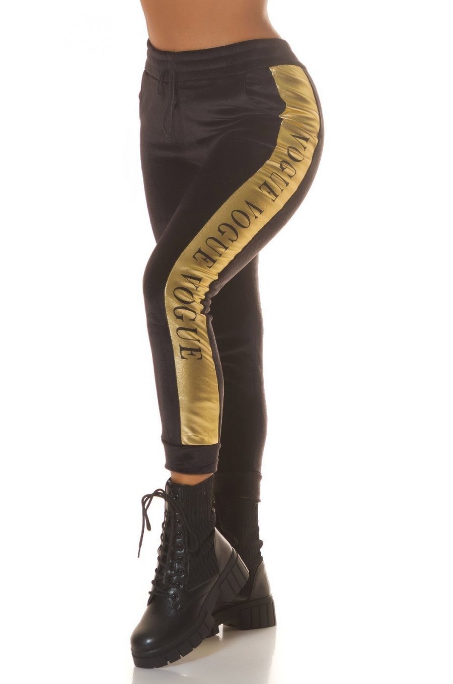 Pantaloni trening dama termici, negri, din catifea, cu dunga aurie, Vogue Pantaloni trening dama termici, negri, din catifea, cu dunga aurie, Vogue 1 - jojofashion.ro
