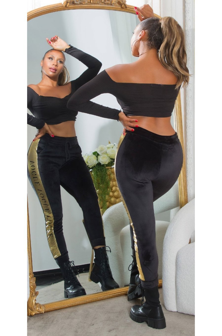 Pantaloni trening dama termici, negri, din catifea, cu dunga aurie, Vogue Pantaloni trening dama termici, negri, din catifea, cu dunga aurie, Vogue 4 - jojofashion.ro