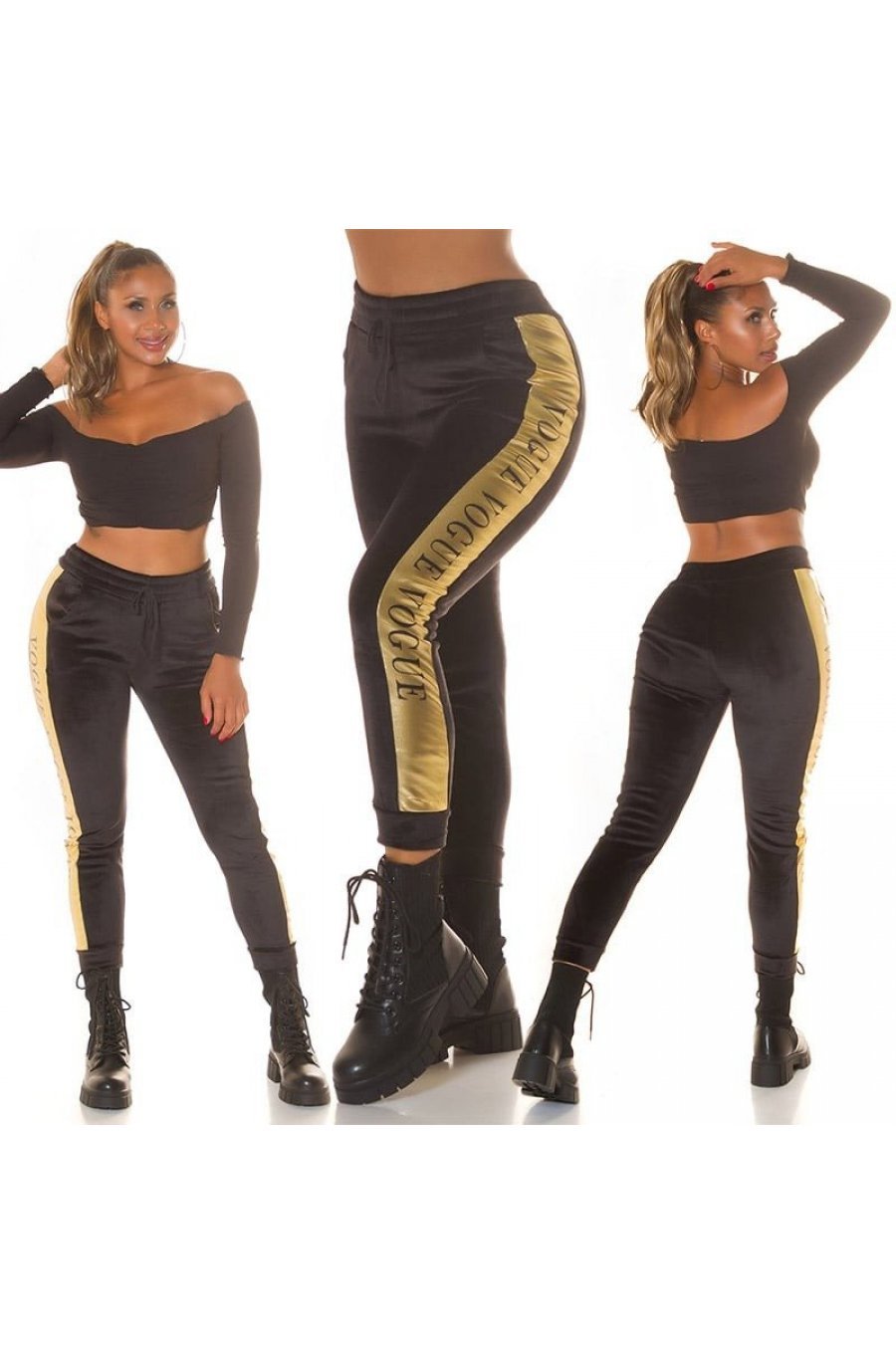 Pantaloni trening dama termici, negri, din catifea, cu dunga aurie, Vogue Pantaloni trening dama termici, negri, din catifea, cu dunga aurie, Vogue 6 - jojofashion.ro