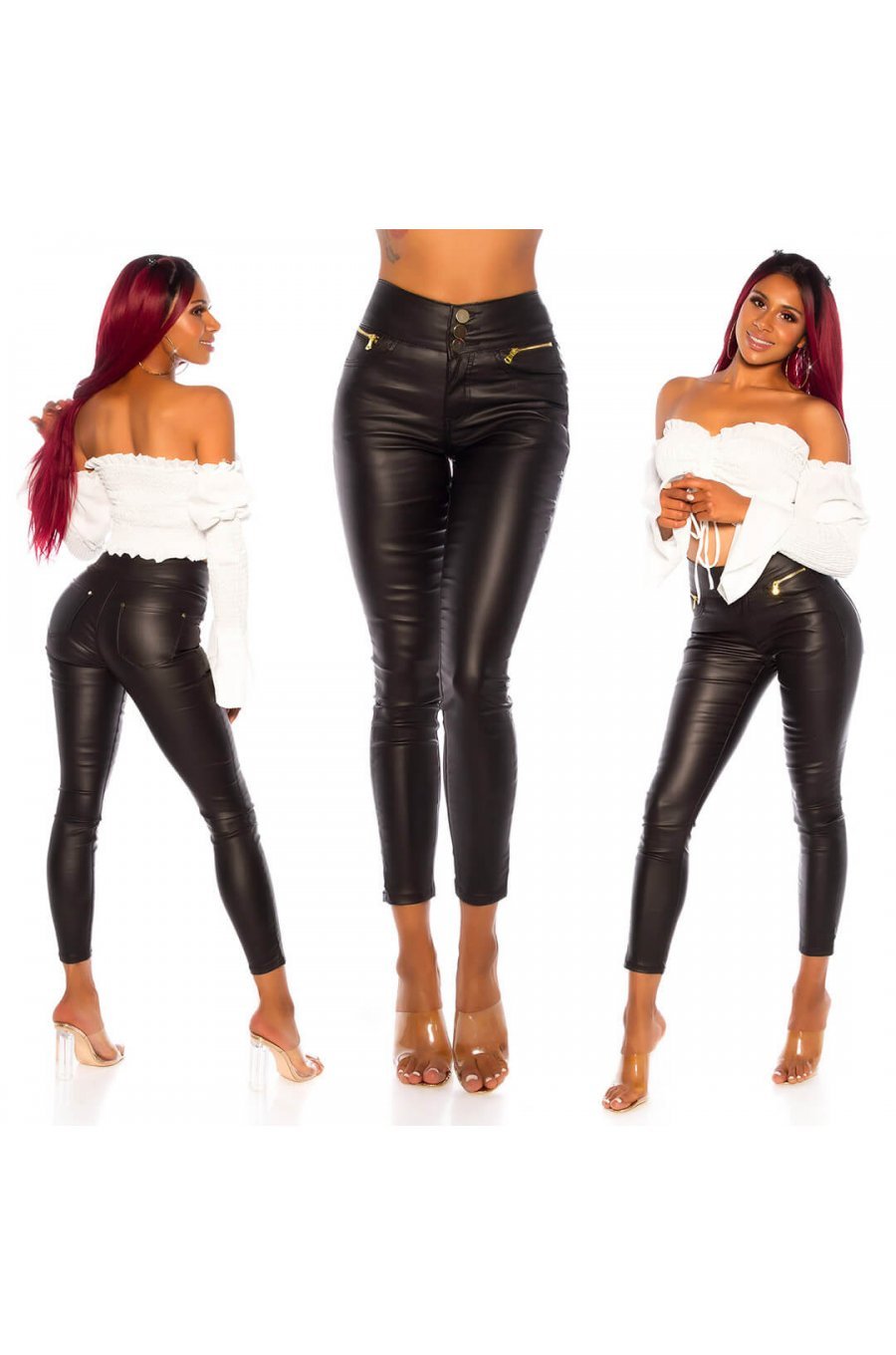 Pantaloni dama cu aspect de piele neagra WetLook Diane 3 - jojofashion.ro